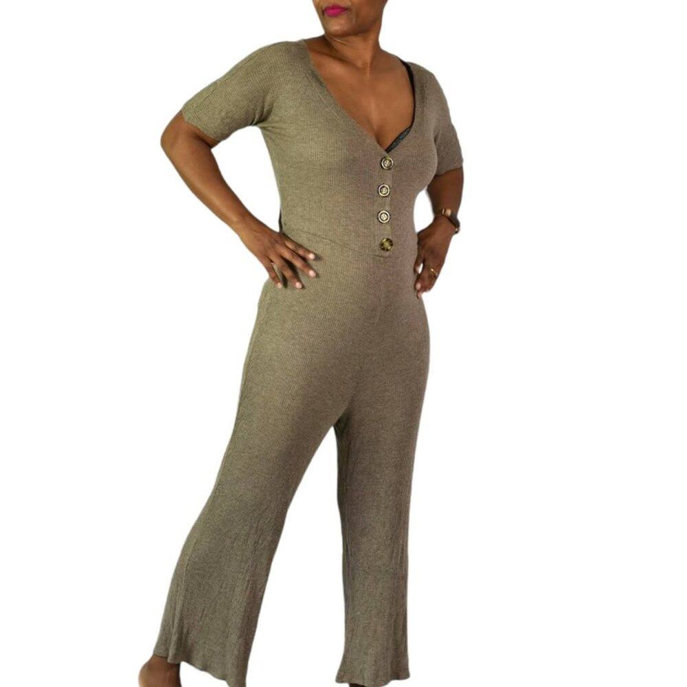 Nordstrom Wide Leg Jumpsuit Hiatus Brown Ribbed Knit Romper Playsuit Lounge XL